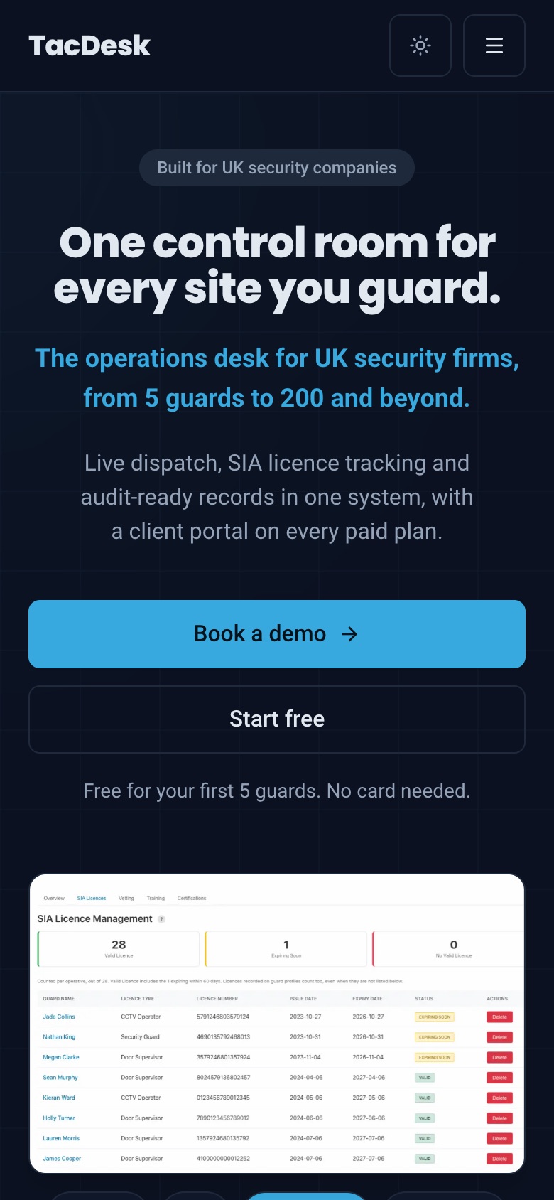 TacDesk website on a phone